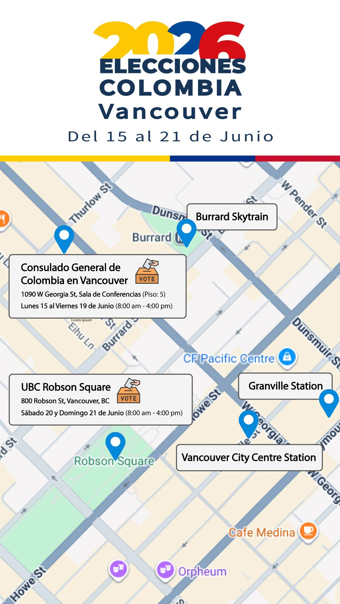Consulado de Colombia en Vancouver informa los lugares de votación para la segunda vuelta presidencial 2026